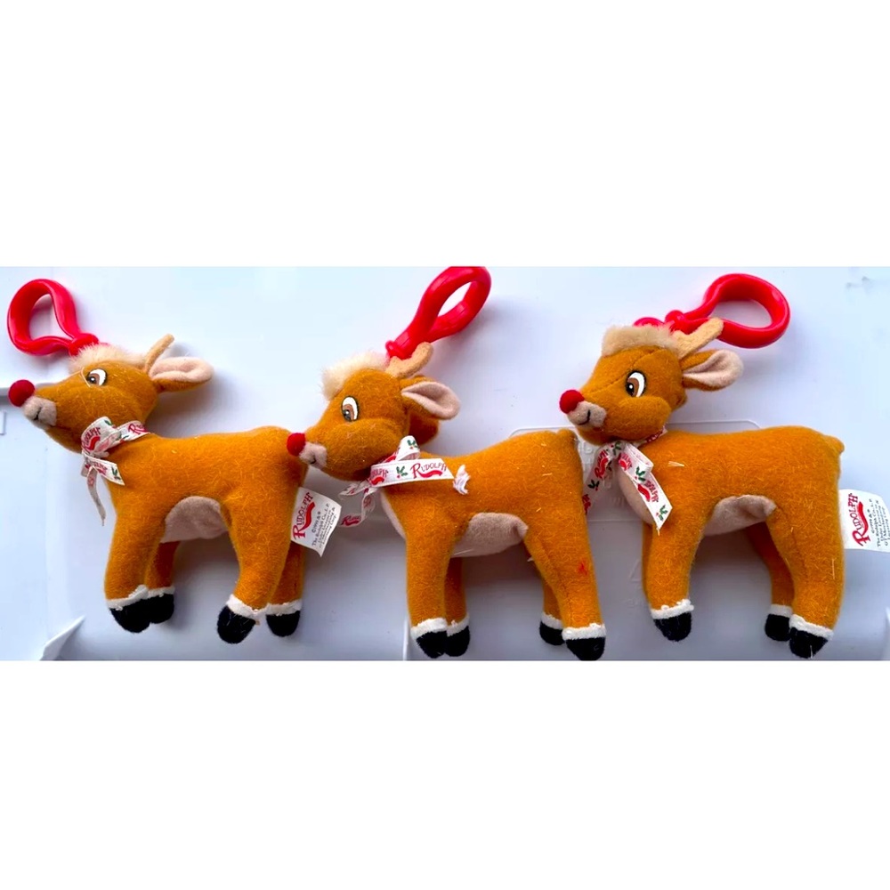 3 Vtg Prestige Rudolph the Red-Nosed Reindeer Plush Keychain 4” 1999 Christmas